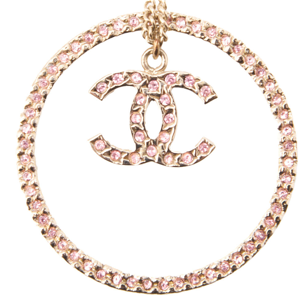 Chanel Necklace, Coco Mark Circle, Rhinestone, Gold Plated, Pink, Gold-Tone Hardware, Pre-Owned