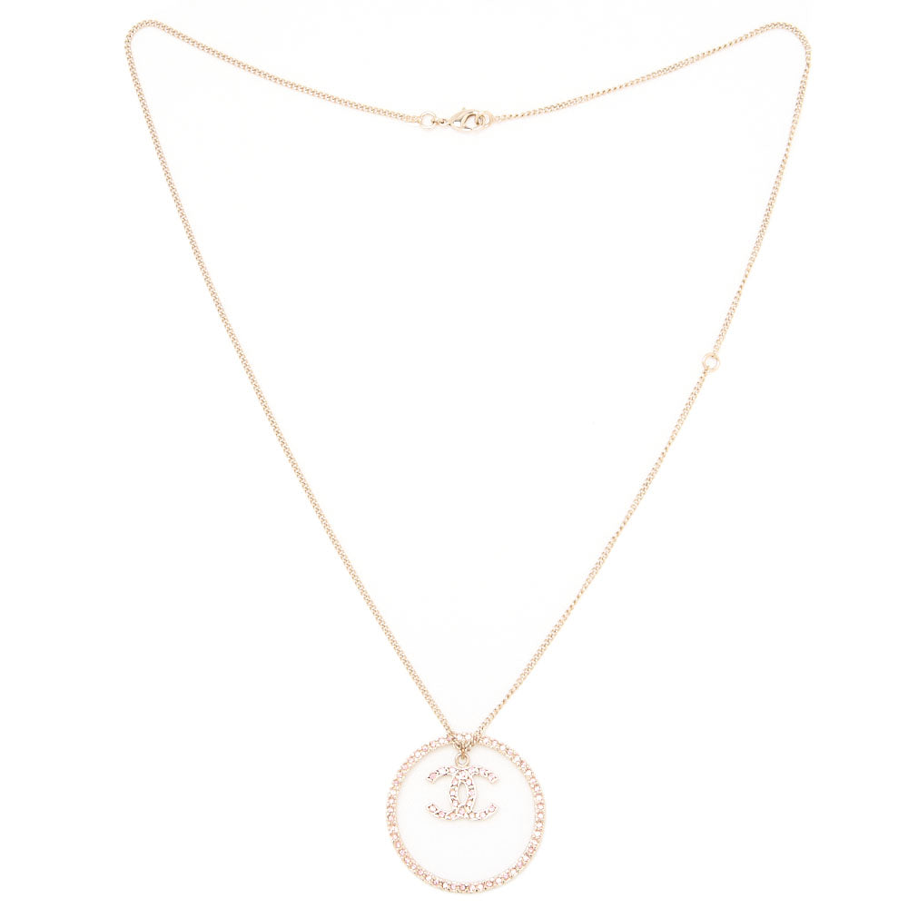 Chanel Necklace, Coco Mark Circle, Rhinestone, Gold Plated, Pink, Gold-Tone Hardware, Pre-Owned