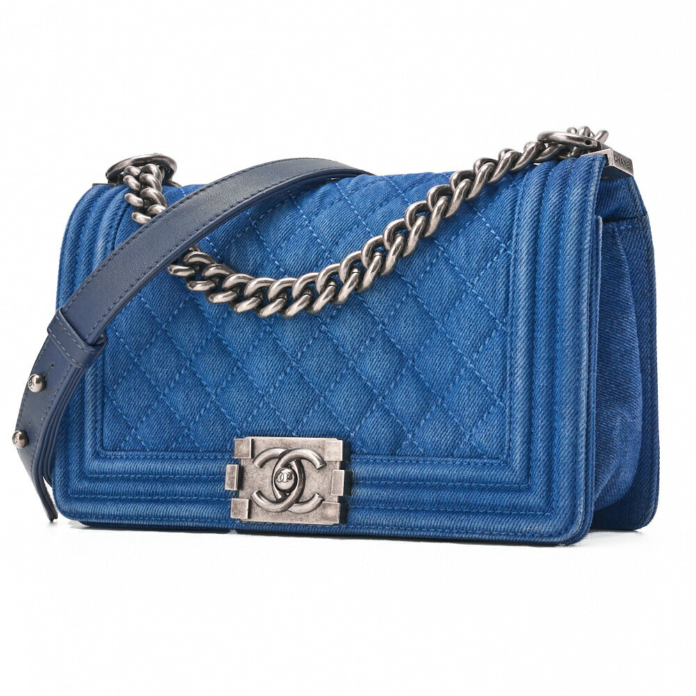CHANEL Shoulder Bag, Boy Chanel, Matelasse, Denim, Blue, Silver-Tone Hardware, Pre-Owned