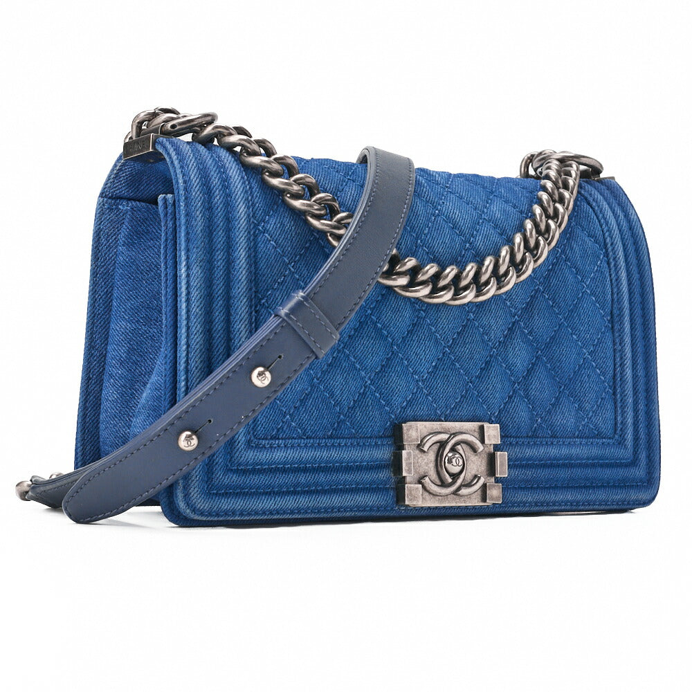 CHANEL Shoulder Bag, Boy Chanel, Matelasse, Denim, Blue, Silver-Tone Hardware, Pre-Owned