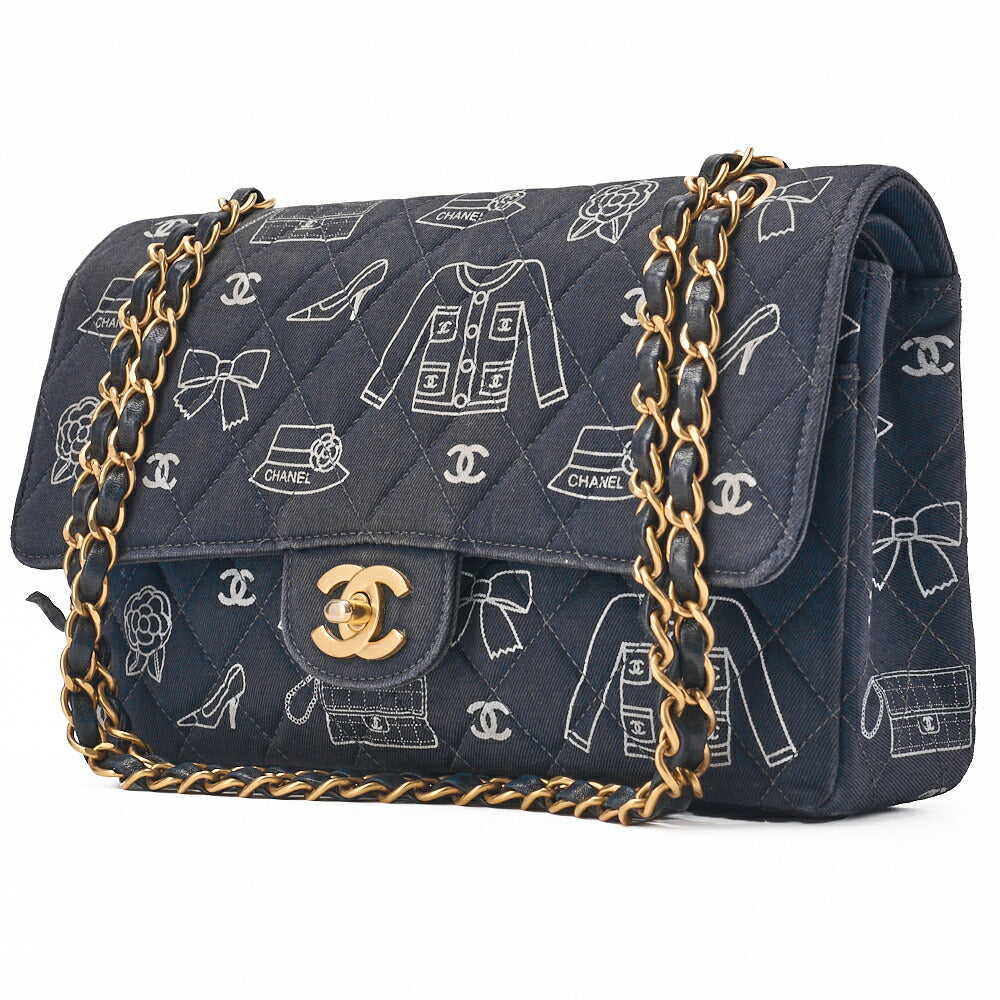 CHANEL Shoulder Bag, Matelasse W Flap 25 Icon Print, Canvas, Black, Gold-Tone Hardware, Pre-Owned