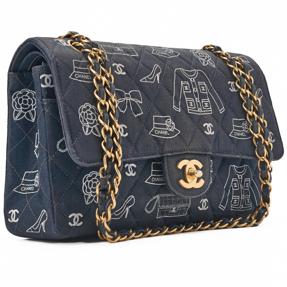 CHANEL Shoulder Bag, Matelasse W Flap 25 Icon Print, Canvas, Black, Gold-Tone Hardware, Pre-Owned