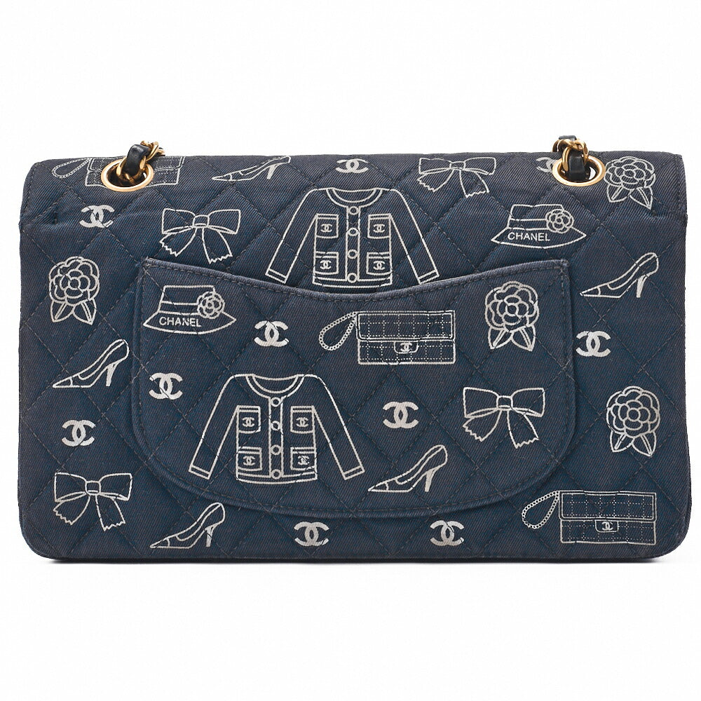 CHANEL Shoulder Bag, Matelasse W Flap 25 Icon Print, Canvas, Black, Gold-Tone Hardware, Pre-Owned