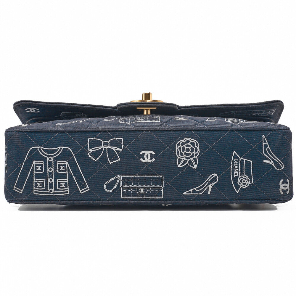 CHANEL Shoulder Bag, Matelasse W Flap 25 Icon Print, Canvas, Black, Gold-Tone Hardware, Pre-Owned