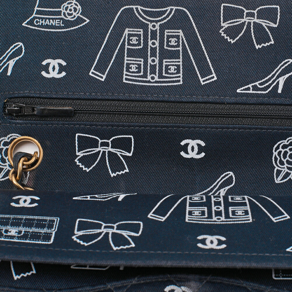 CHANEL Shoulder Bag, Matelasse W Flap 25 Icon Print, Canvas, Black, Gold-Tone Hardware, Pre-Owned