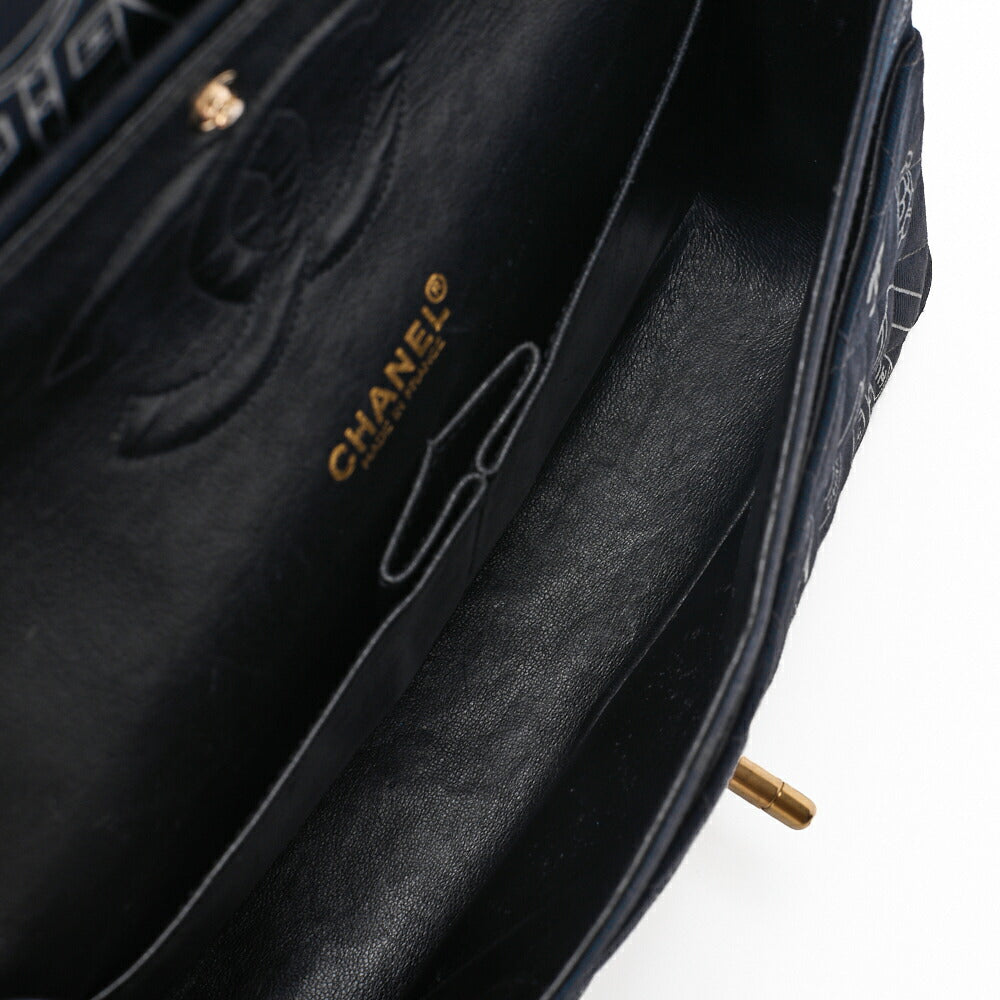 CHANEL Shoulder Bag, Matelasse W Flap 25 Icon Print, Canvas, Black, Gold-Tone Hardware, Pre-Owned