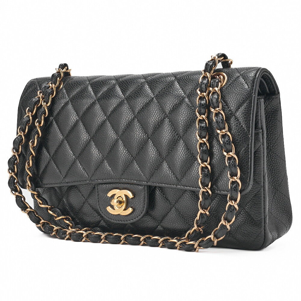CHANEL Chain Shoulder Bag Matelasse Double Flap Caviar Skin Black Gold-Tone Hardware Pre-Owned