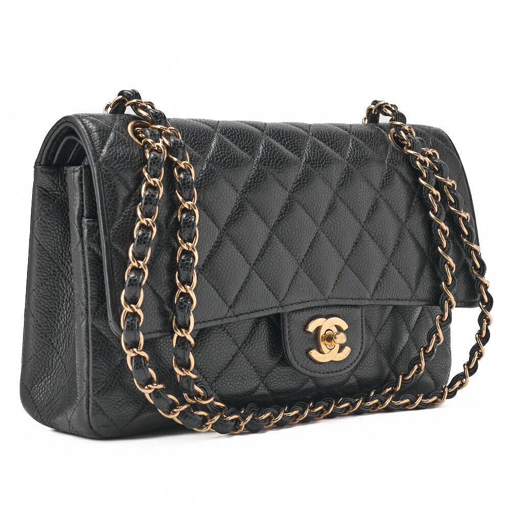 CHANEL Chain Shoulder Bag Matelasse Double Flap Caviar Skin Black Gold-Tone Hardware Pre-Owned