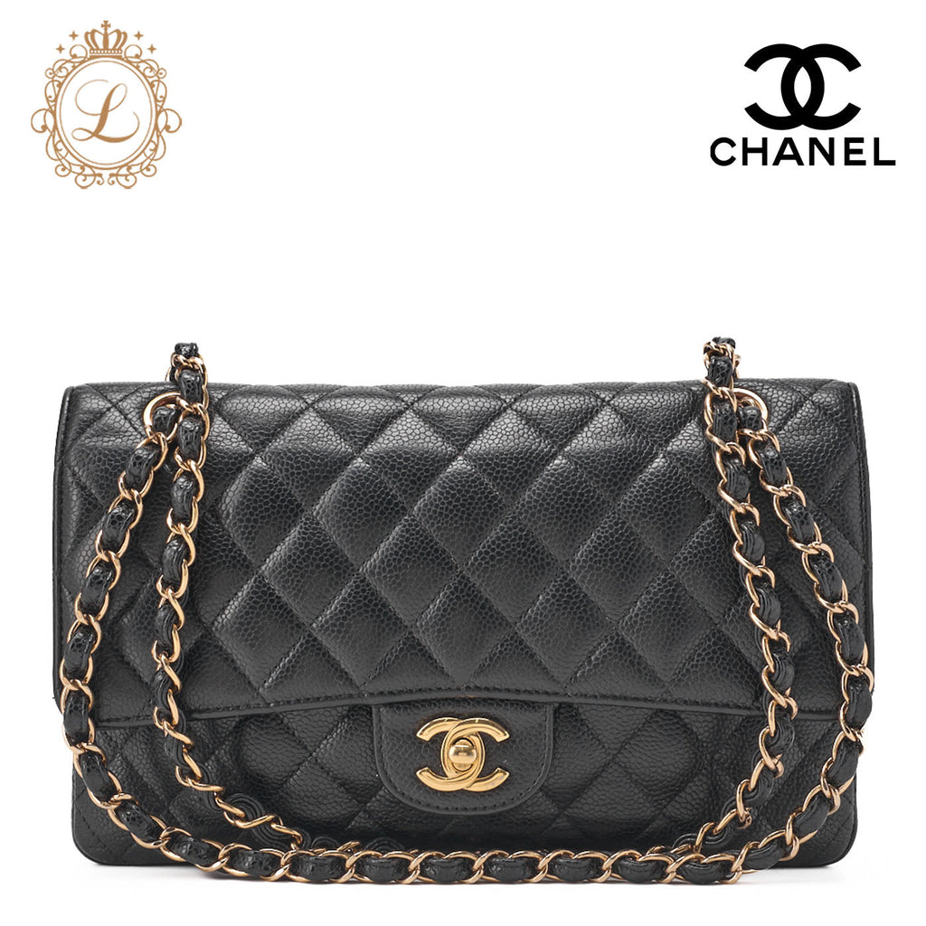 CHANEL Chain Shoulder Bag Matelasse Double Flap Caviar Skin Black Gold-Tone Hardware Pre-Owned