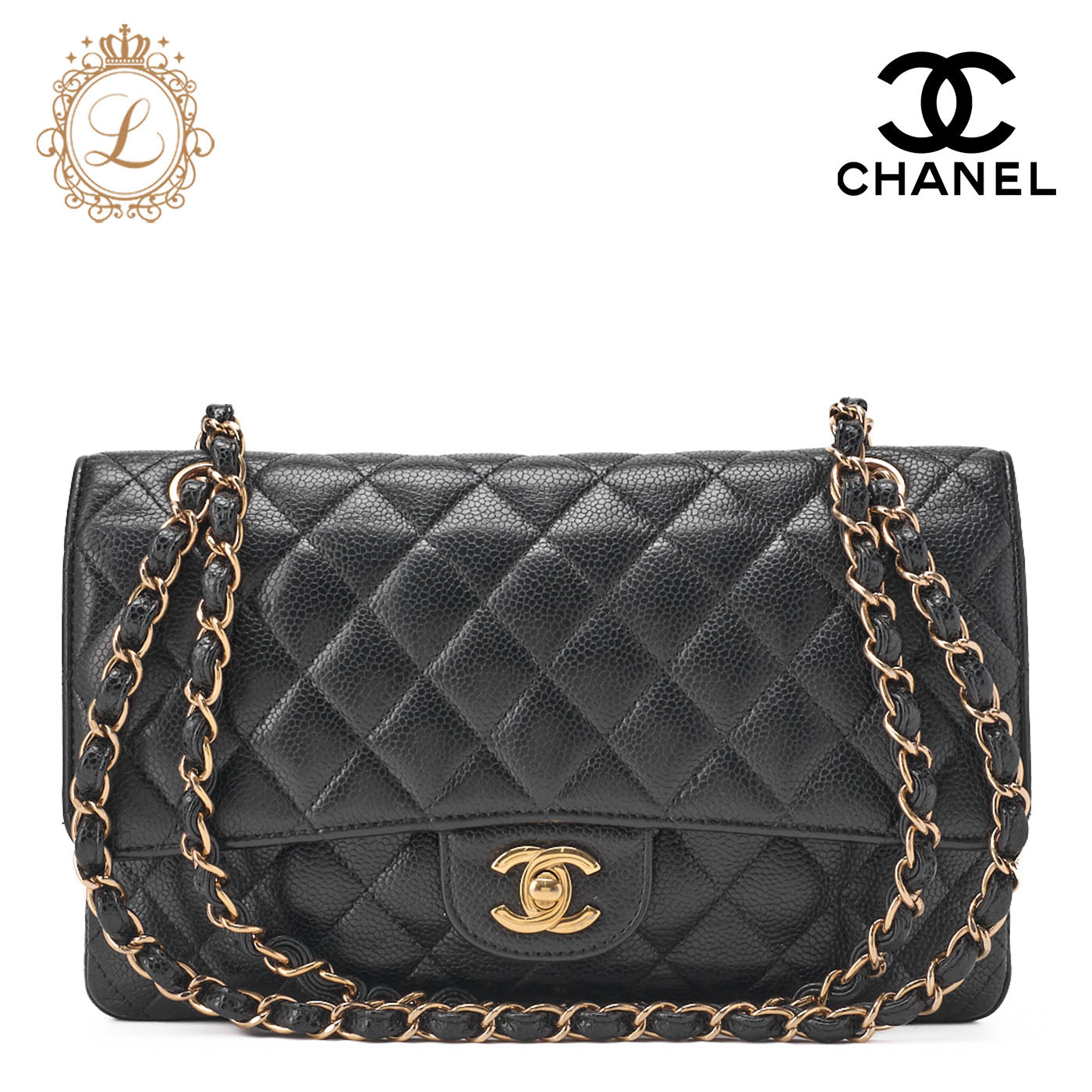 CHANEL Chain Shoulder Bag Matelasse Double Flap Caviar Skin Black Gold-Tone Hardware Pre-Owned