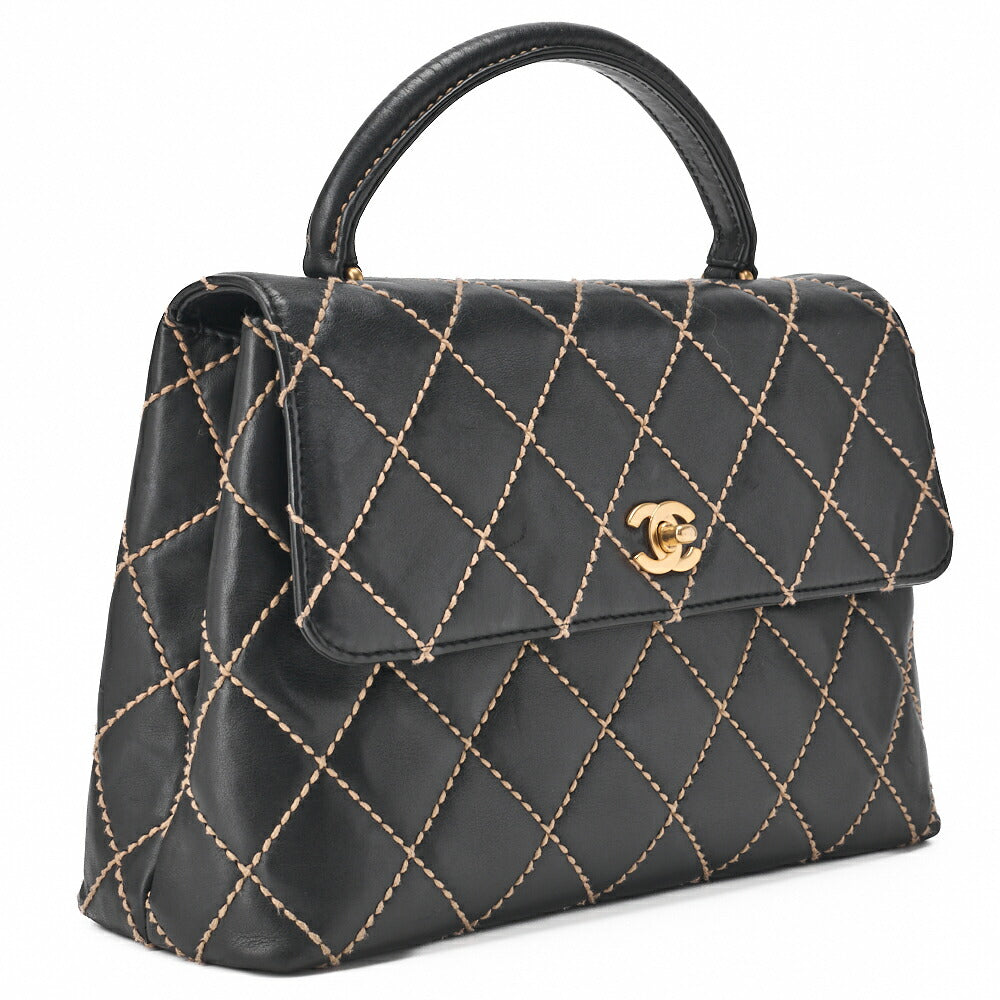 CHANEL Tote Bag, Coco Mark Wild Stitch Turn Lock, Calfskin, Black, Gold-Tone Hardware, Pre-Owned