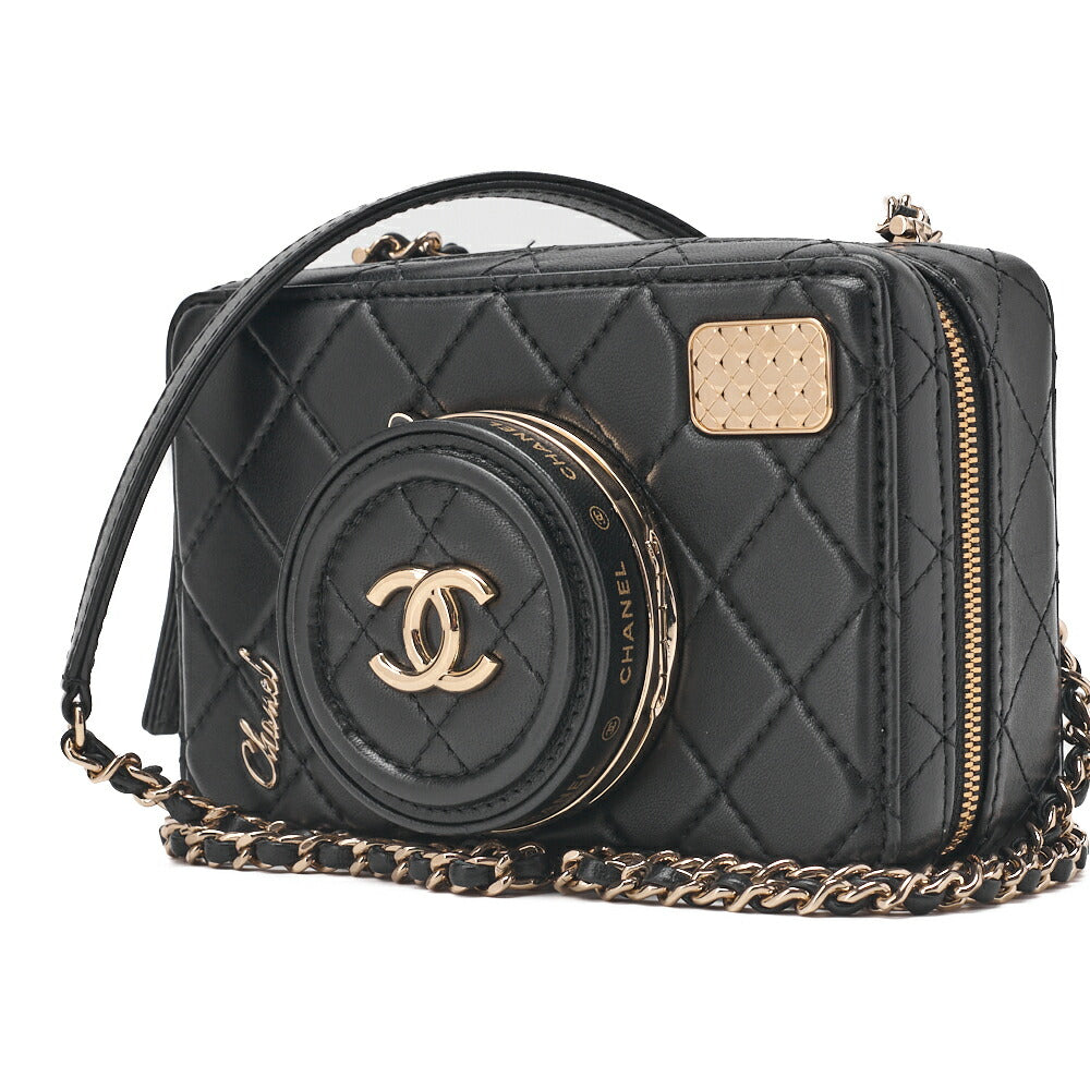 CHANEL Chain Shoulder Bag Matelasse Camera Bag Lambskin Black Gold-Tone Hardware Pre-Owned