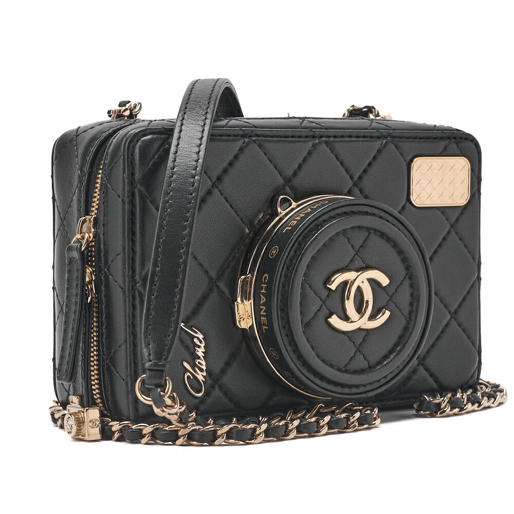 CHANEL Chain Shoulder Bag Matelasse Camera Bag Lambskin Black Gold-Tone Hardware Pre-Owned