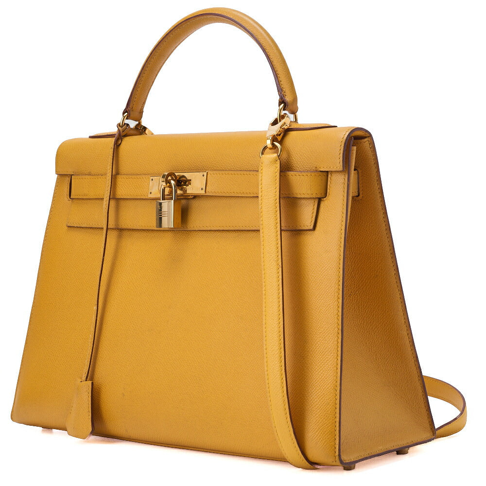 HERMES Kelly 32 Handbag, Kushbel Yellow, Gold-Tone Hardware, Pre-Owned