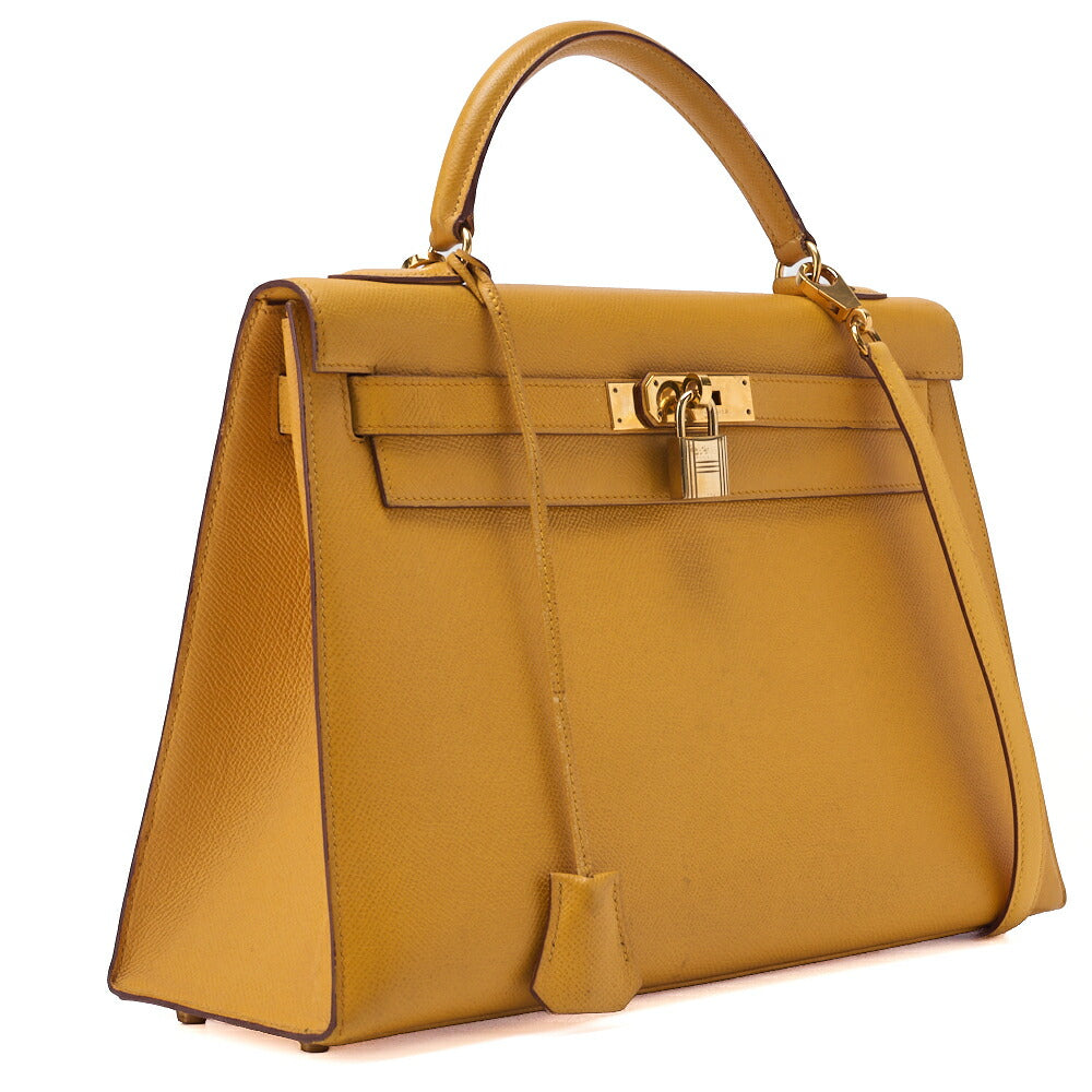 HERMES Kelly 32 Handbag, Kushbel Yellow, Gold-Tone Hardware, Pre-Owned