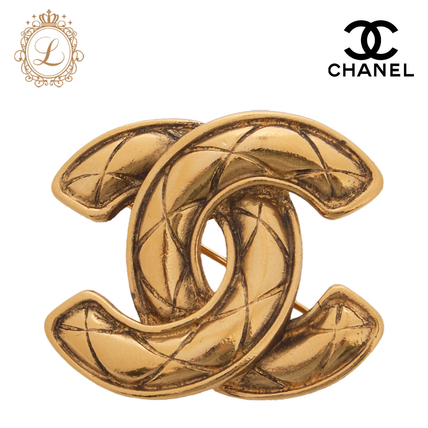 CHANEL Brooch, Coco Mark, Matelasse, Gold Plated, Gold, Gold-Tone Hardware, Pre-Owned