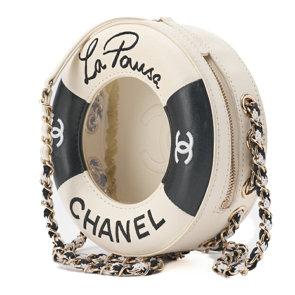 CHANEL Shoulder Bag, Float Chain Shoulder, Lambskin and Vinyl, Black, Gold-Tone Hardware, Pre-Owned