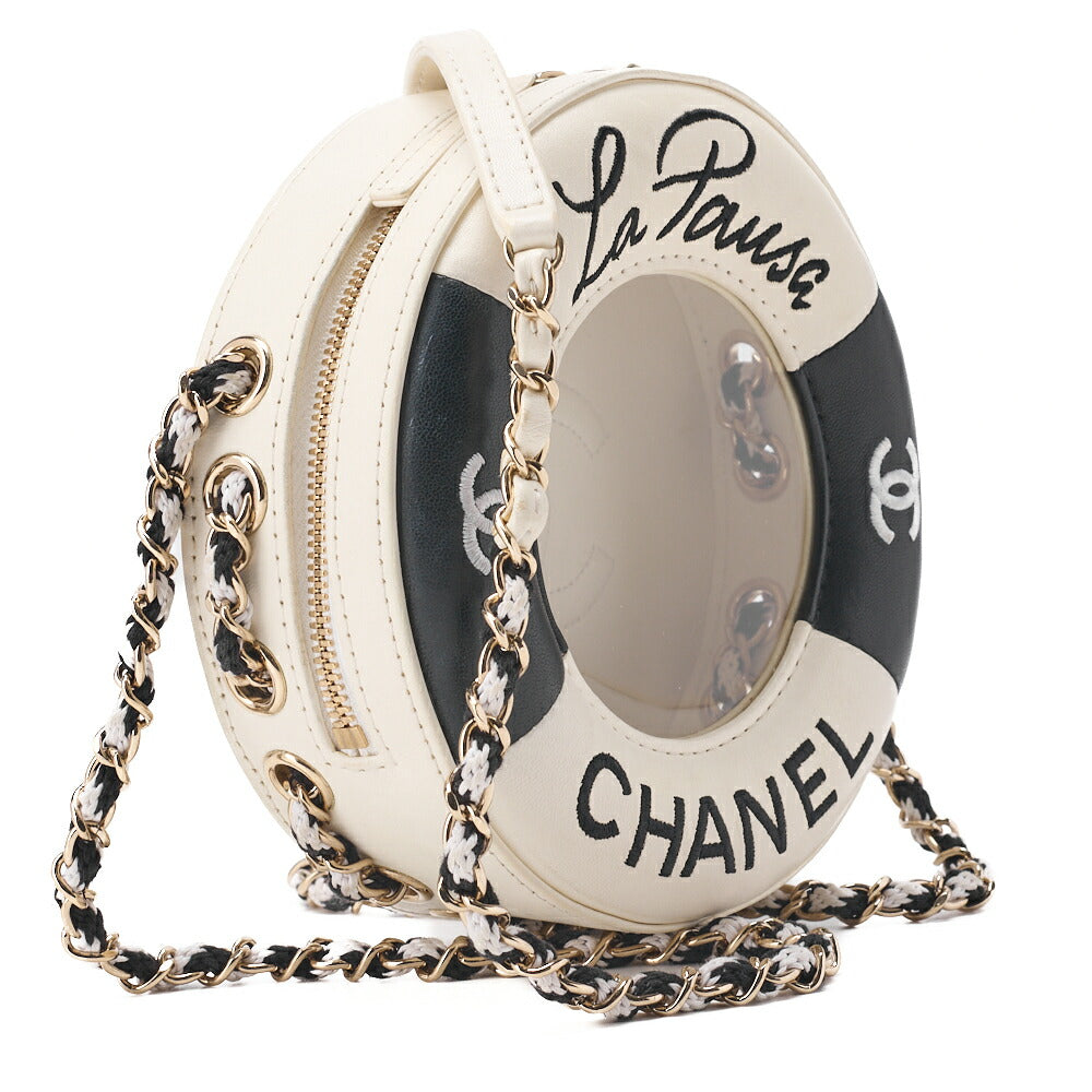 CHANEL Shoulder Bag, Float Chain Shoulder, Lambskin and Vinyl, Black, Gold-Tone Hardware, Pre-Owned