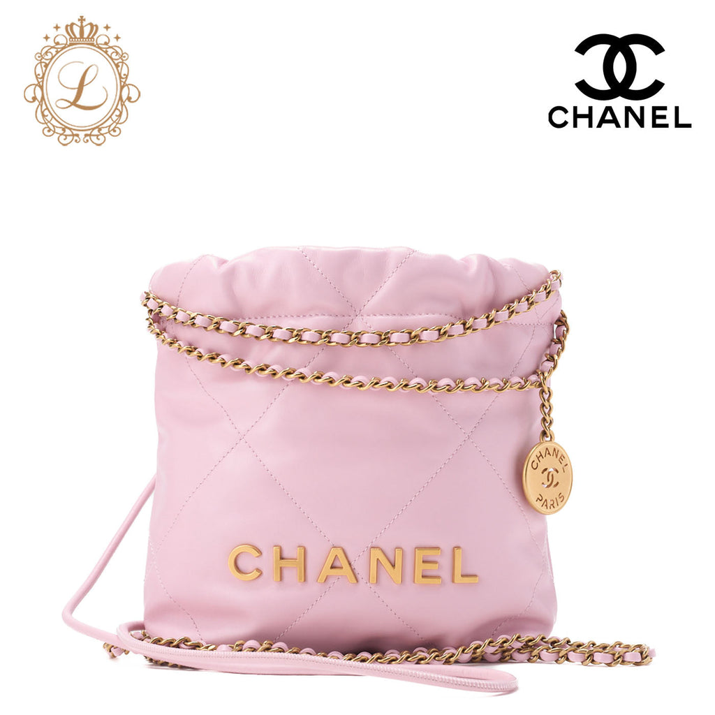 Chanel 22 Mini Drawstring Chain Shoulder Bag, Calfskin, Pink, Gold-Tone Hardware, Pre-Owned