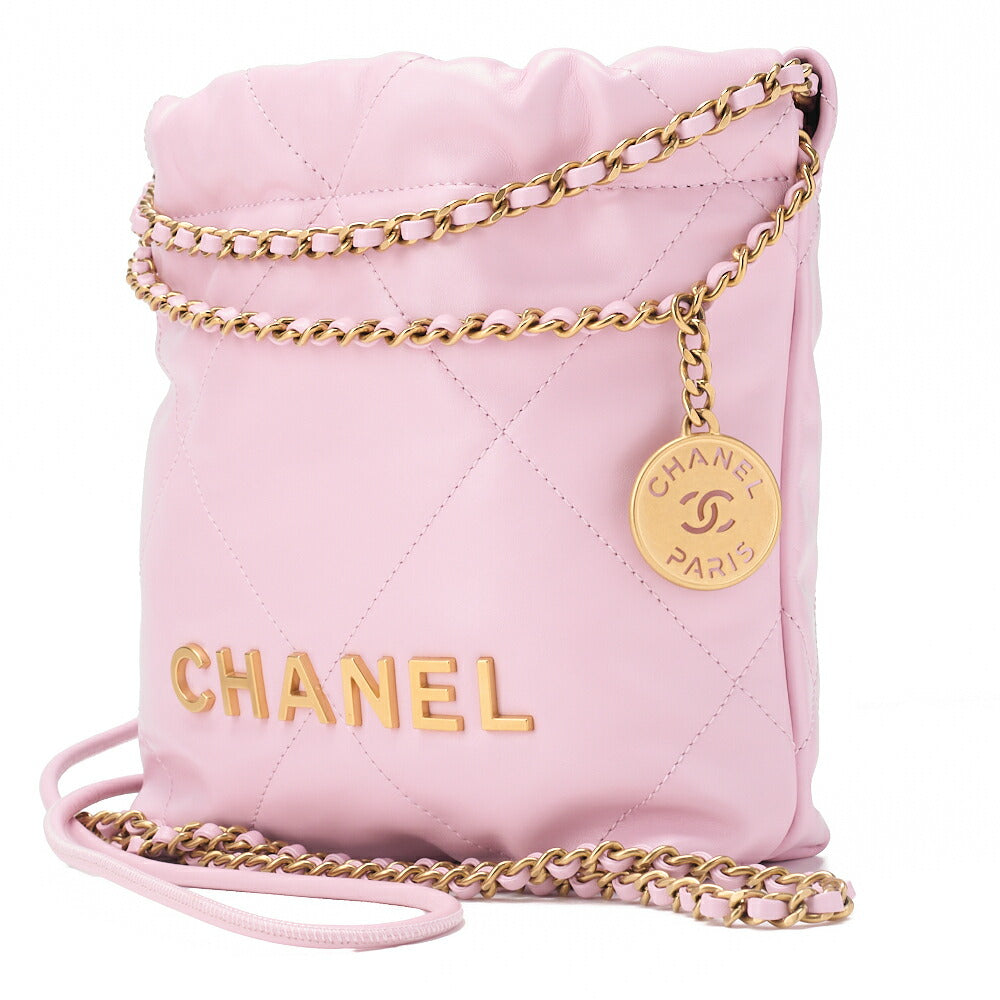 Chanel 22 Mini Drawstring Chain Shoulder Bag, Calfskin, Pink, Gold-Tone Hardware, Pre-Owned