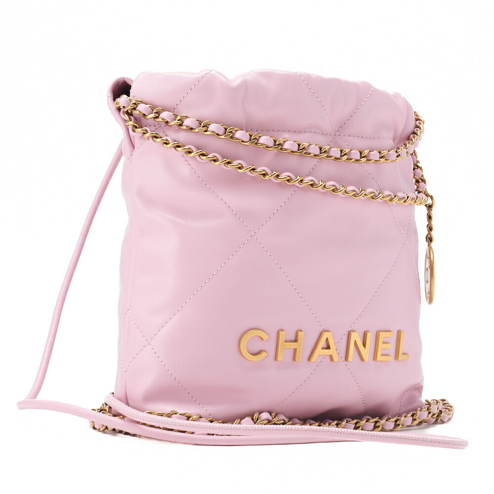 Chanel 22 Mini Drawstring Chain Shoulder Bag, Calfskin, Pink, Gold-Tone Hardware, Pre-Owned