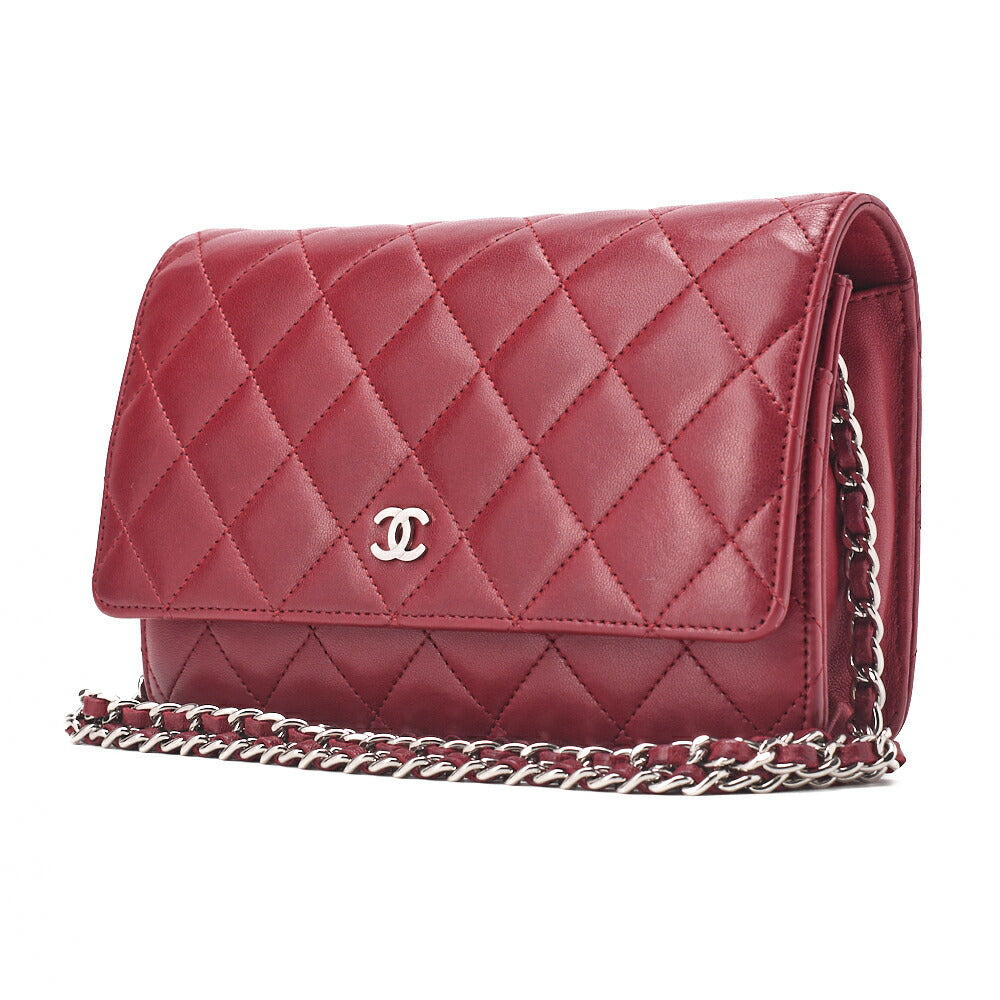 CHANEL Chain Wallet Matelasse Lambskin Red Silver-Tone Hardware Pre-Owned