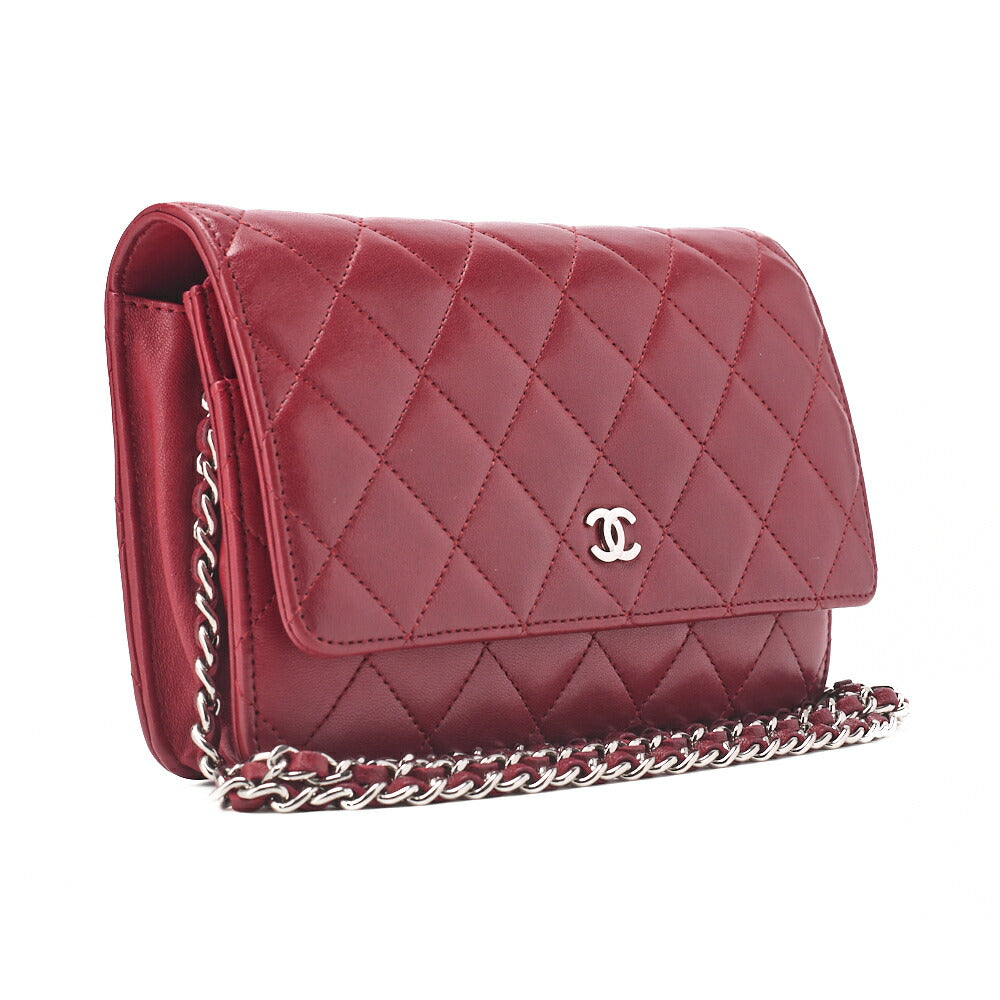 CHANEL Chain Wallet Matelasse Lambskin Red Silver-Tone Hardware Pre-Owned