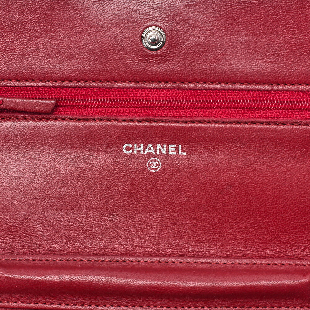 CHANEL Chain Wallet Matelasse Lambskin Red Silver-Tone Hardware Pre-Owned