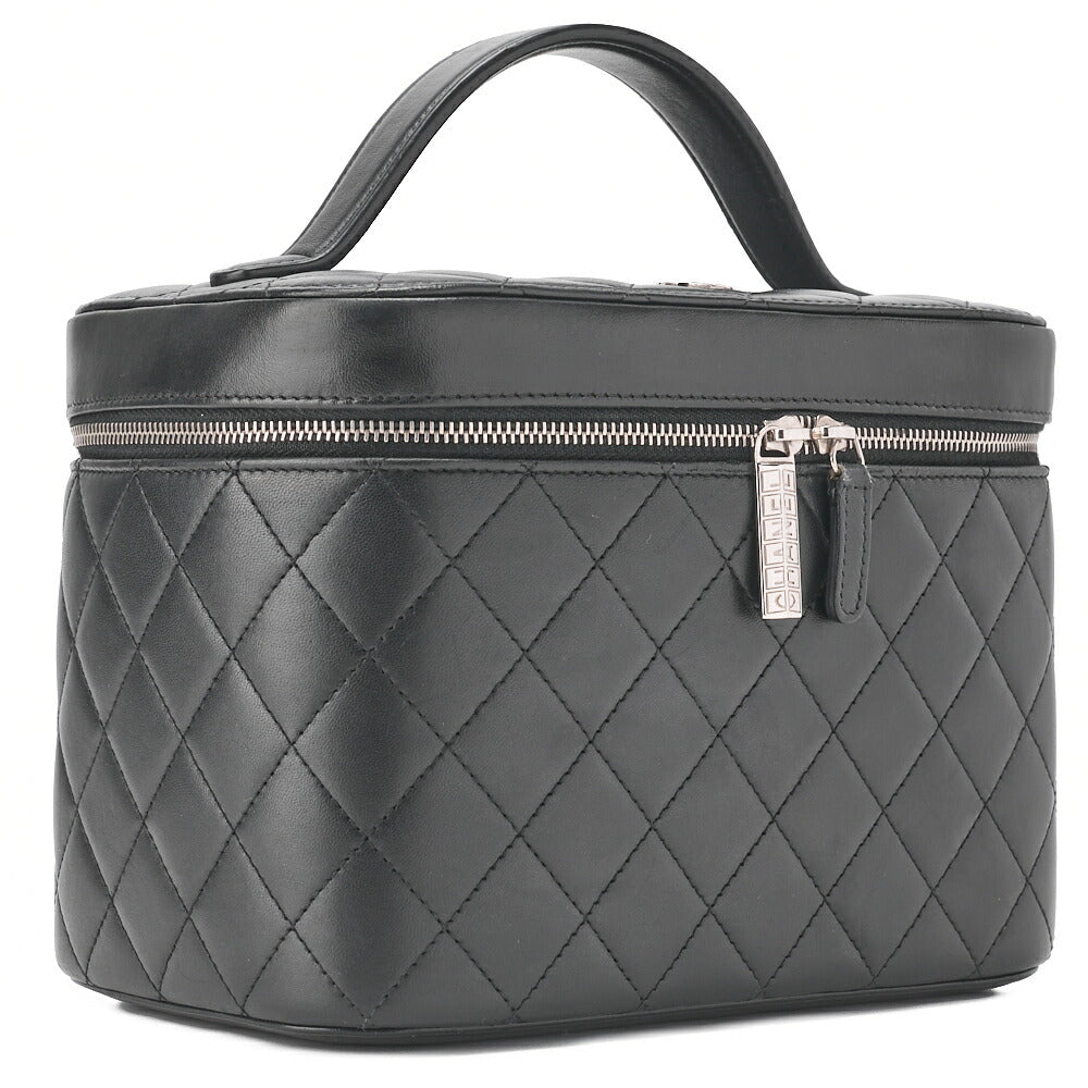 CHANEL Vanity Handbag Matelasse Lambskin Black Silver-Tone Hardware Pre-Owned