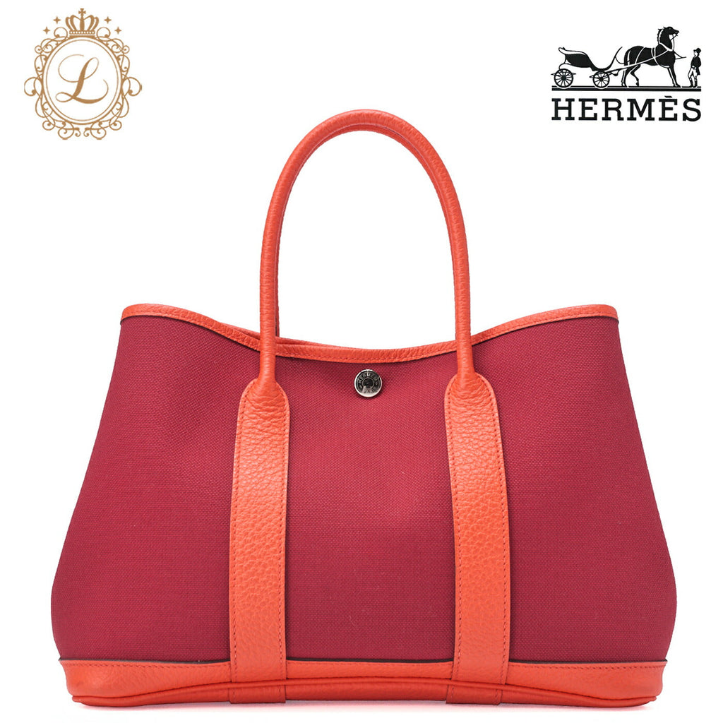 HERMES Garden Party TPM Tote Bag Toile Officer Rouge Grenat Silver-Tone Hardware Pre-Owned