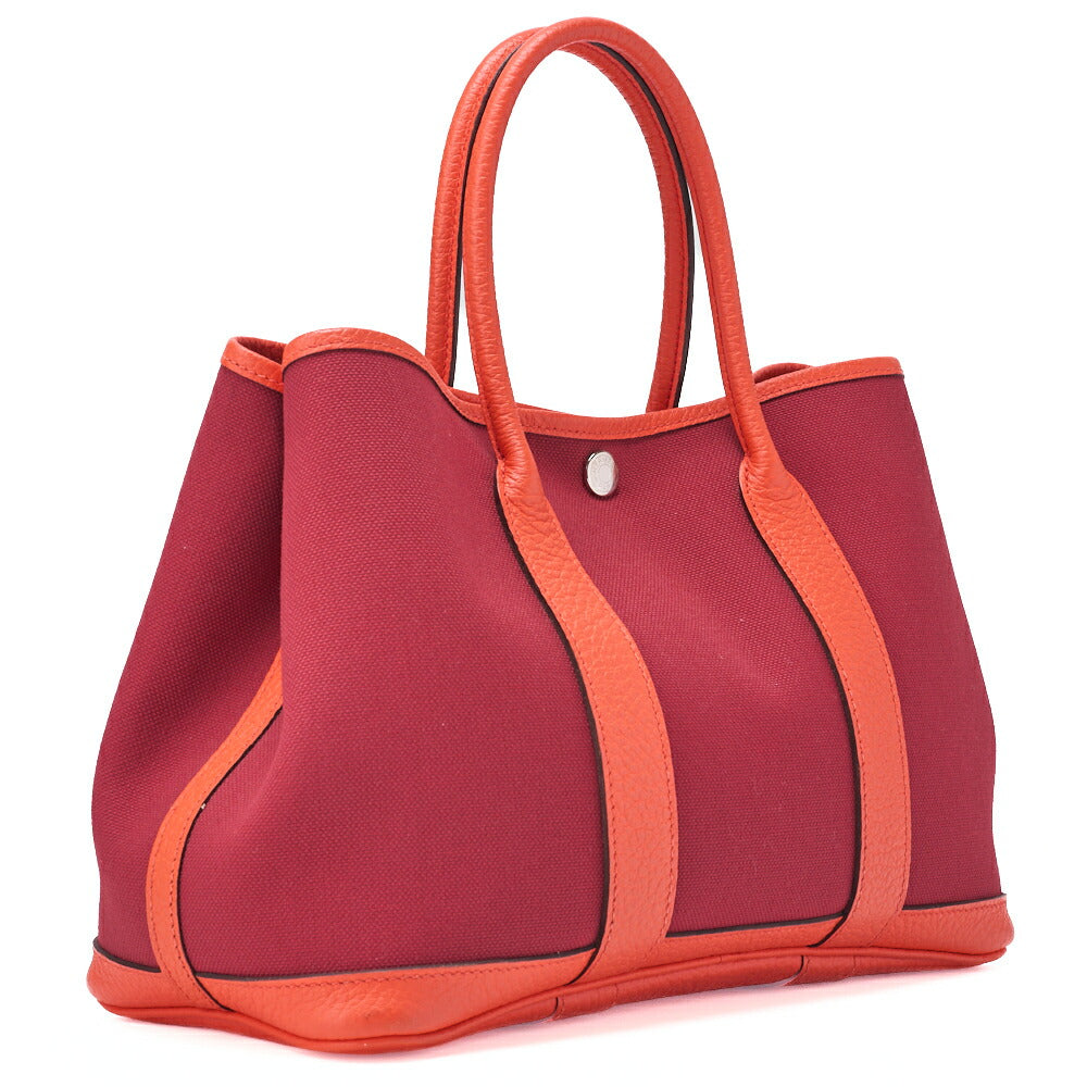 HERMES Garden Party TPM Tote Bag Toile Officer Rouge Grenat Silver-Tone Hardware Pre-Owned