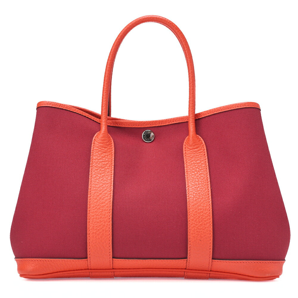 HERMES Garden Party TPM Tote Bag Toile Officer Rouge Grenat Silver-Tone Hardware Pre-Owned