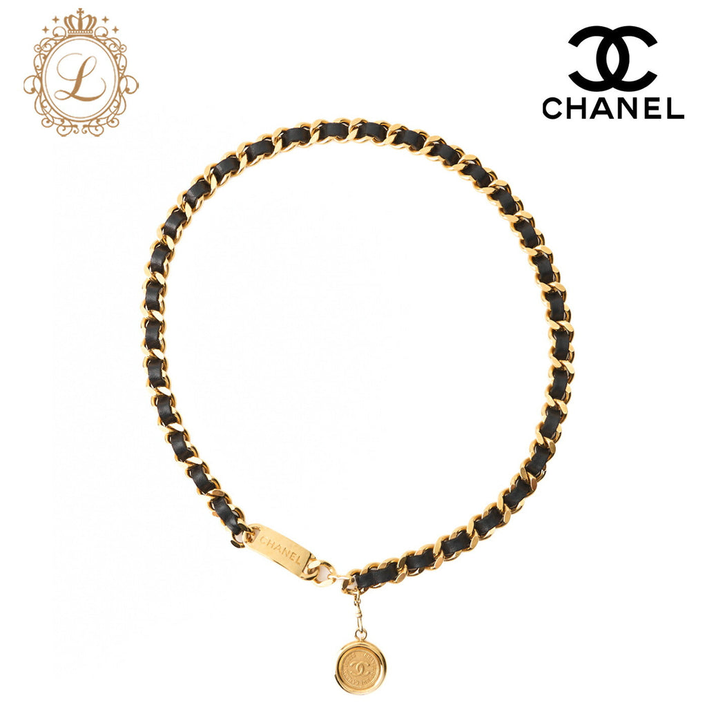 CHANEL Chain Belt, Coco Mark Medallion Charm, GP Leather, Black, Gold-Tone Hardware, Pre-Owned