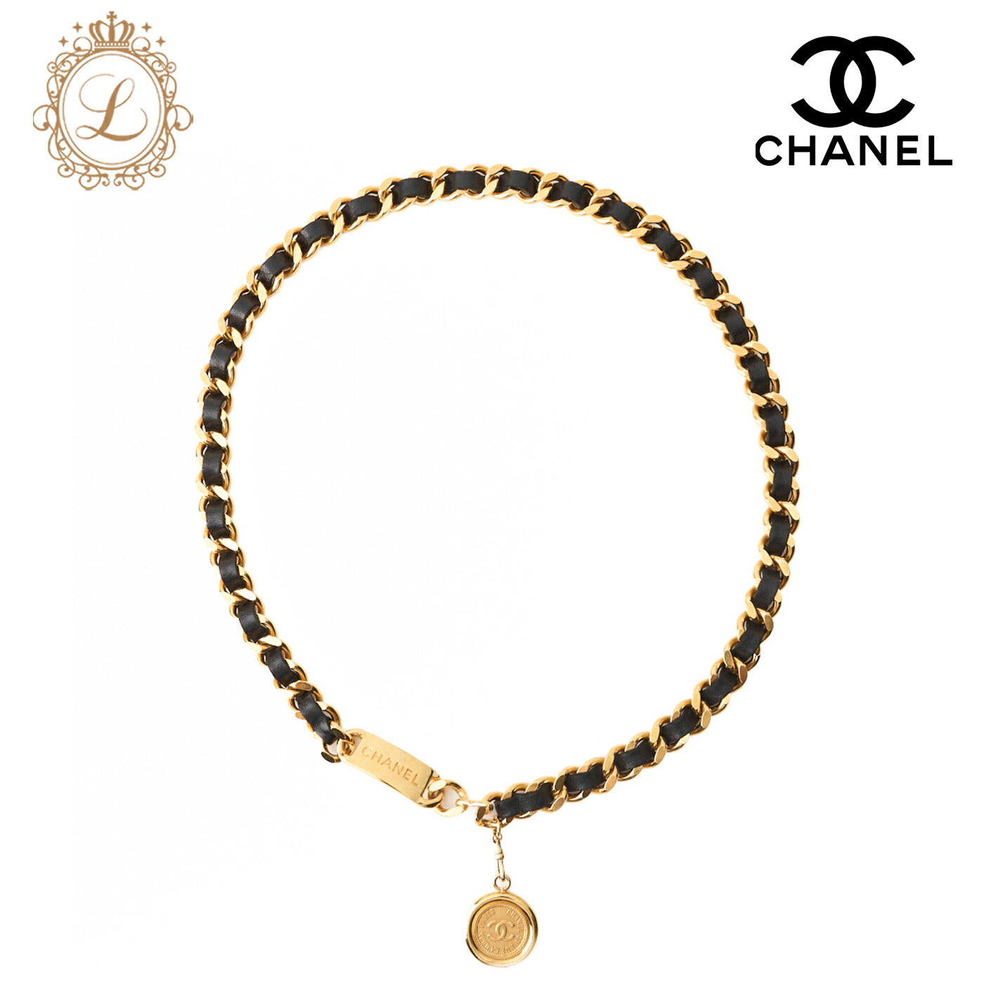 CHANEL Chain Belt, Coco Mark Medallion Charm, GP Leather, Black, Gold-Tone Hardware, Pre-Owned