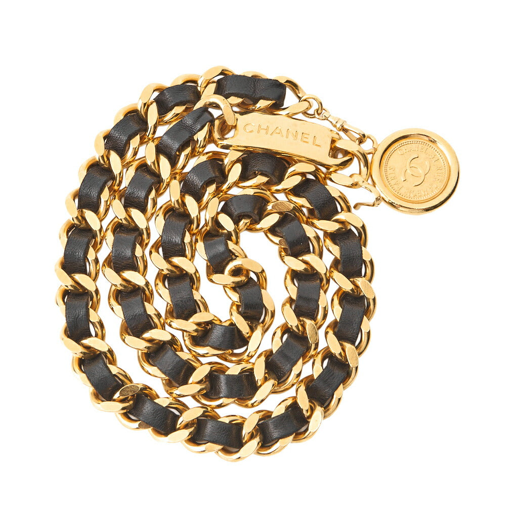 CHANEL Chain Belt, Coco Mark Medallion Charm, GP Leather, Black, Gold-Tone Hardware, Pre-Owned