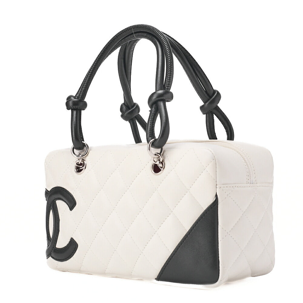 CHANEL Mini Tote Bag, Cambon Line, Calfskin, White, Silver-Tone Hardware, Pre-Owned