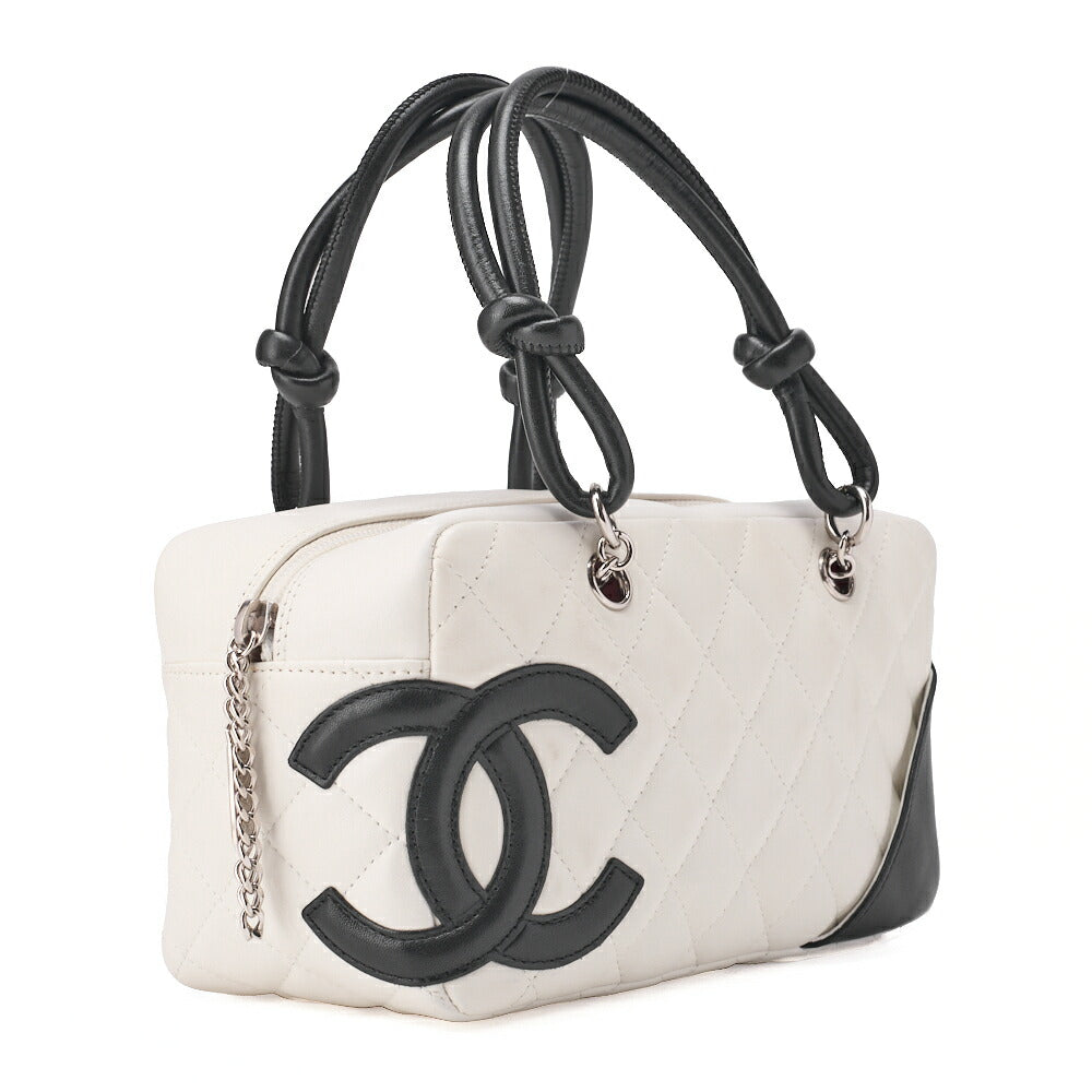CHANEL Mini Tote Bag, Cambon Line, Calfskin, White, Silver-Tone Hardware, Pre-Owned
