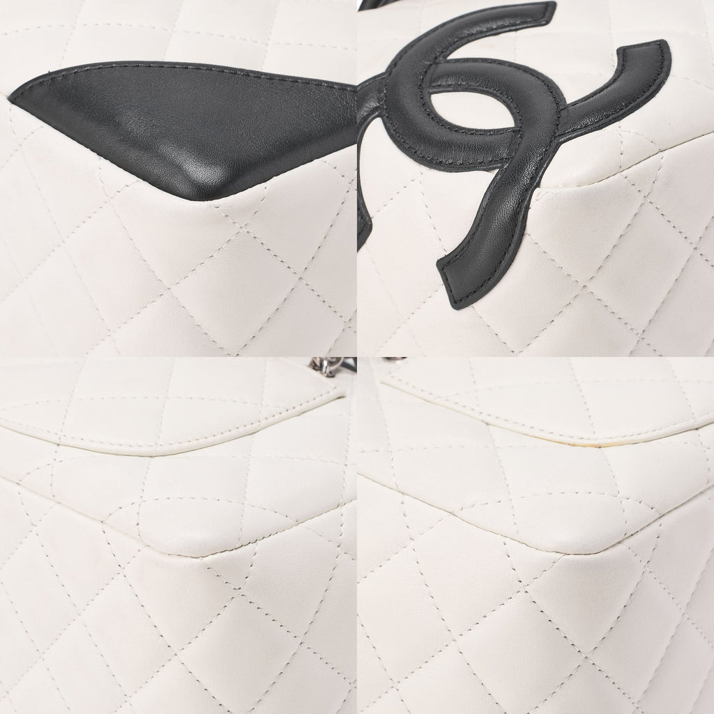 CHANEL Mini Tote Bag, Cambon Line, Calfskin, White, Silver-Tone Hardware, Pre-Owned