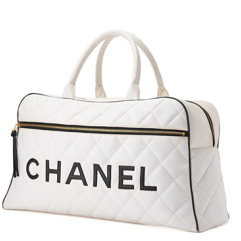 CHANEL Handbag Boston Bag Matelasse Calfskin White Gold-Tone Hardware Pre-Owned