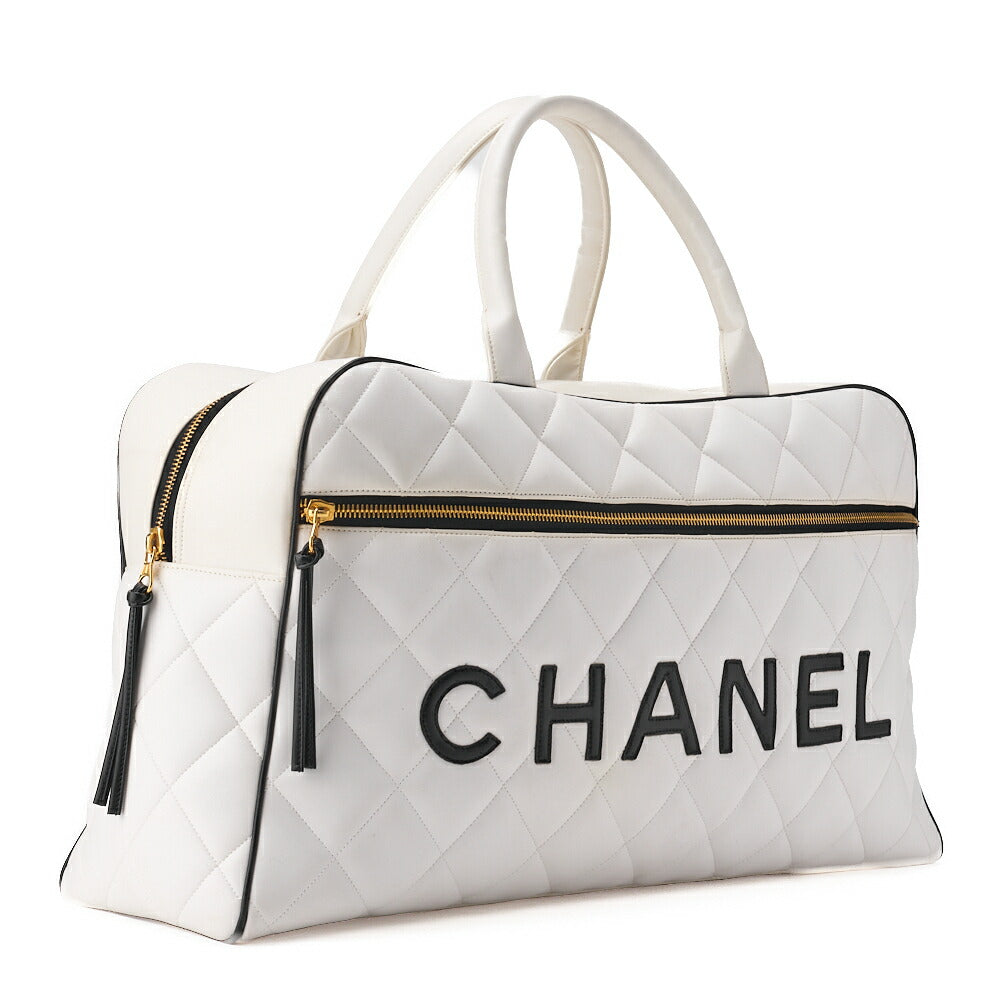 CHANEL Handbag Boston Bag Matelasse Calfskin White Gold-Tone Hardware Pre-Owned