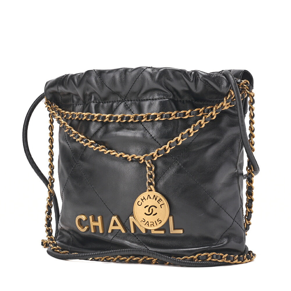 CHANEL   22 Mini Calfskin Black Drawstring Chain Shoulder Bag (Gold-Tone Hardware, Pre-Owned