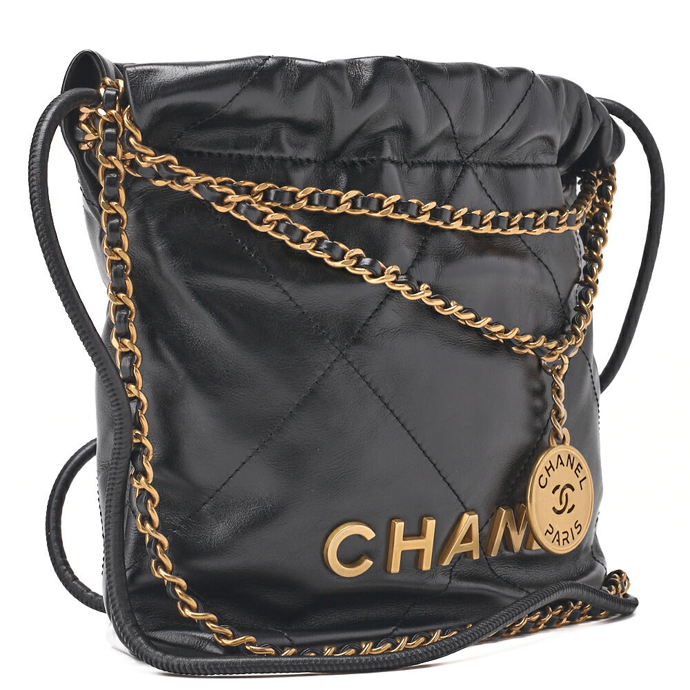 CHANEL   22 Mini Calfskin Black Drawstring Chain Shoulder Bag (Gold-Tone Hardware, Pre-Owned