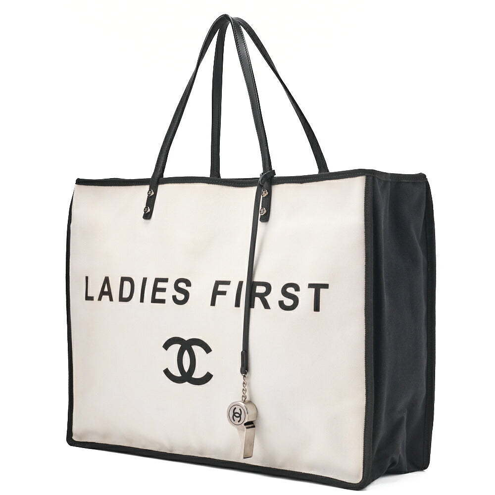 CHANEL  Tote Bag Coco Mark Canvas with Whistle Charm White × Black Silver-Tone Hardware, Pre-Owned
