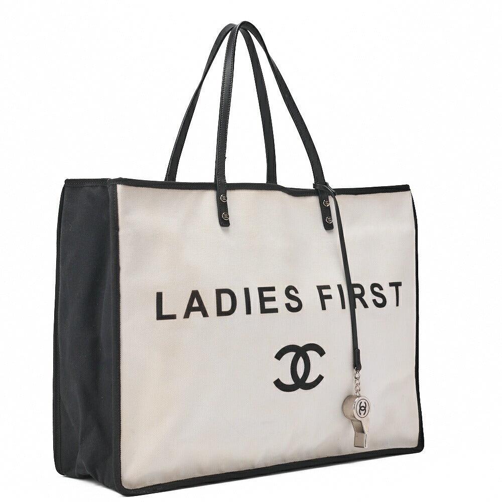 CHANEL  Tote Bag Coco Mark Canvas with Whistle Charm White × Black Silver-Tone Hardware, Pre-Owned