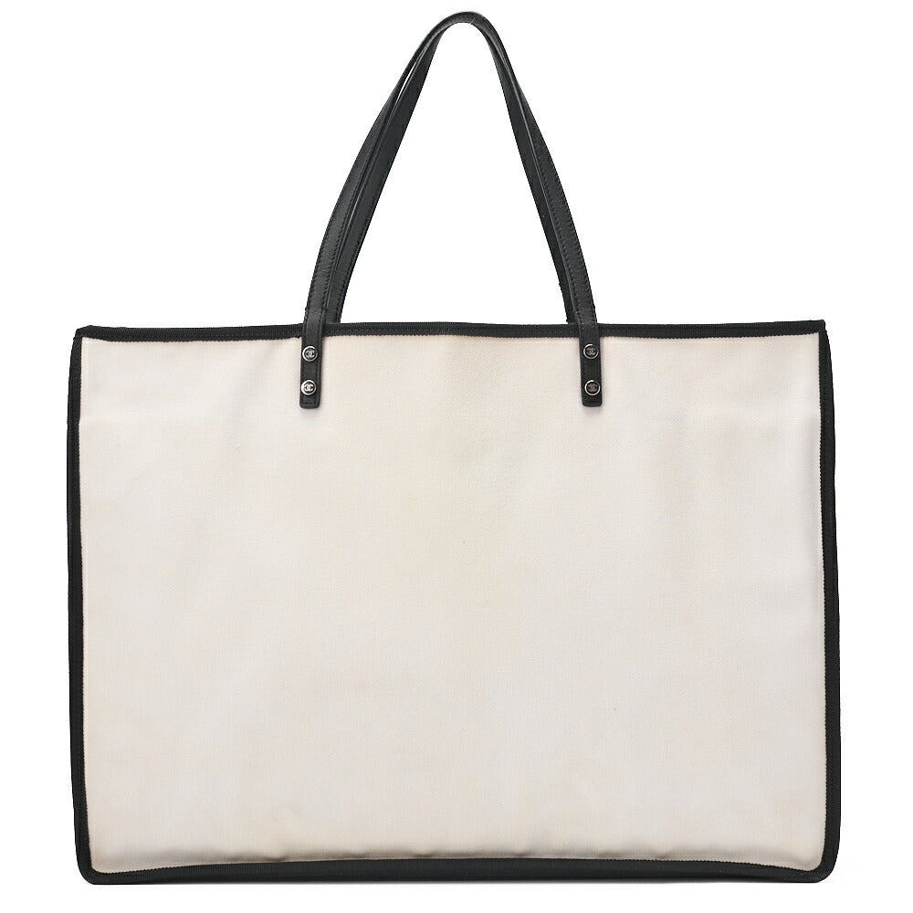 CHANEL  Tote Bag Coco Mark Canvas with Whistle Charm White × Black Silver-Tone Hardware, Pre-Owned