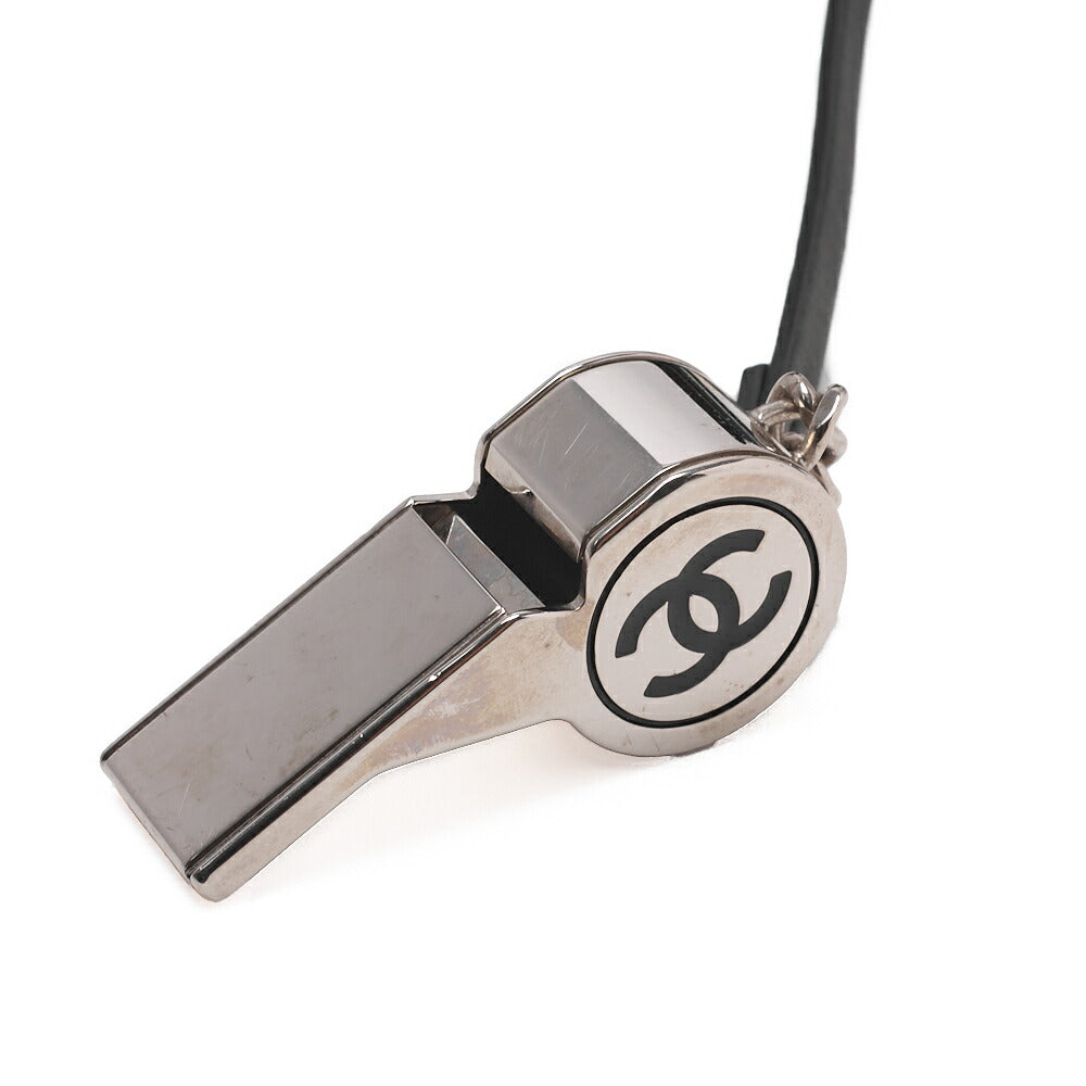 CHANEL  Tote Bag Coco Mark Canvas with Whistle Charm White × Black Silver-Tone Hardware, Pre-Owned
