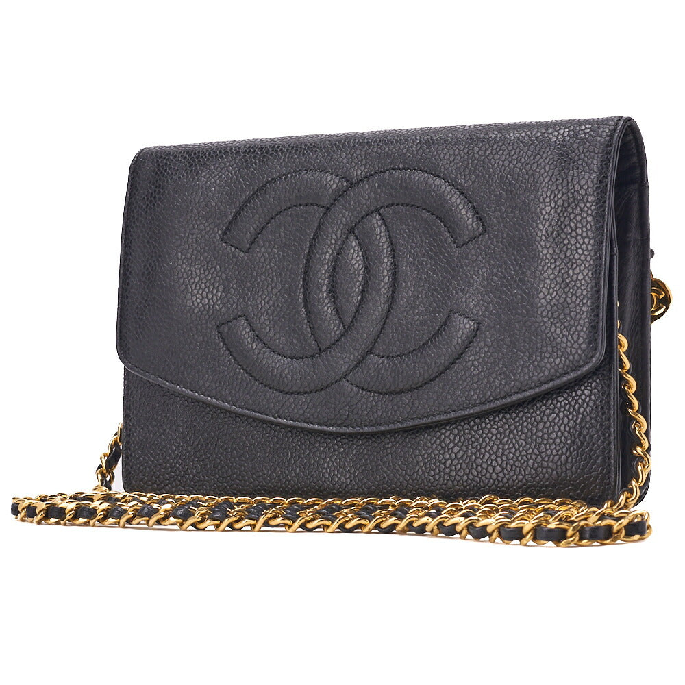 CHANEL Shoulder Bag Chain Wallet Caviar Black Gold-Tone Hardware, Pre-Owned