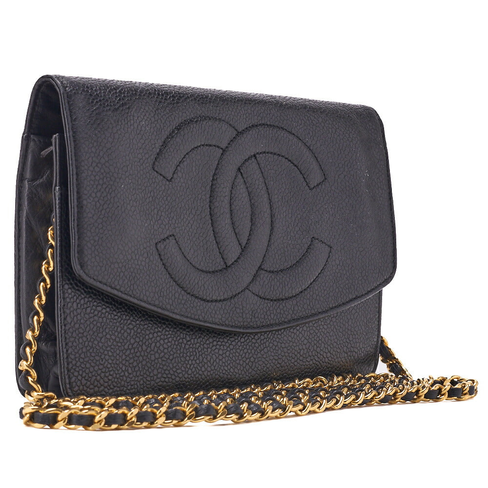 CHANEL Shoulder Bag Chain Wallet Caviar Black Gold-Tone Hardware, Pre-Owned