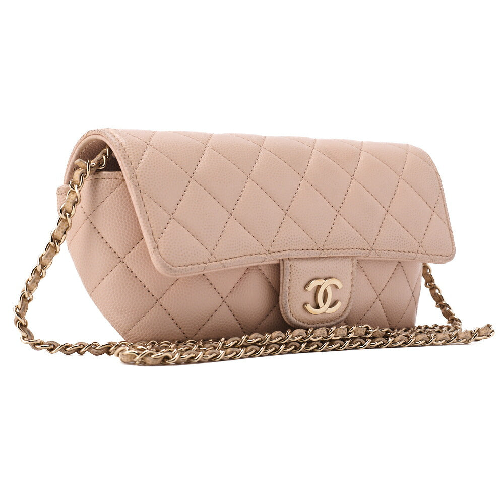 CHANEL Matrasse Shoulder Bag Caviar Skin Glasses Case Beige Silver-Tone Hardware, Pre-Owned