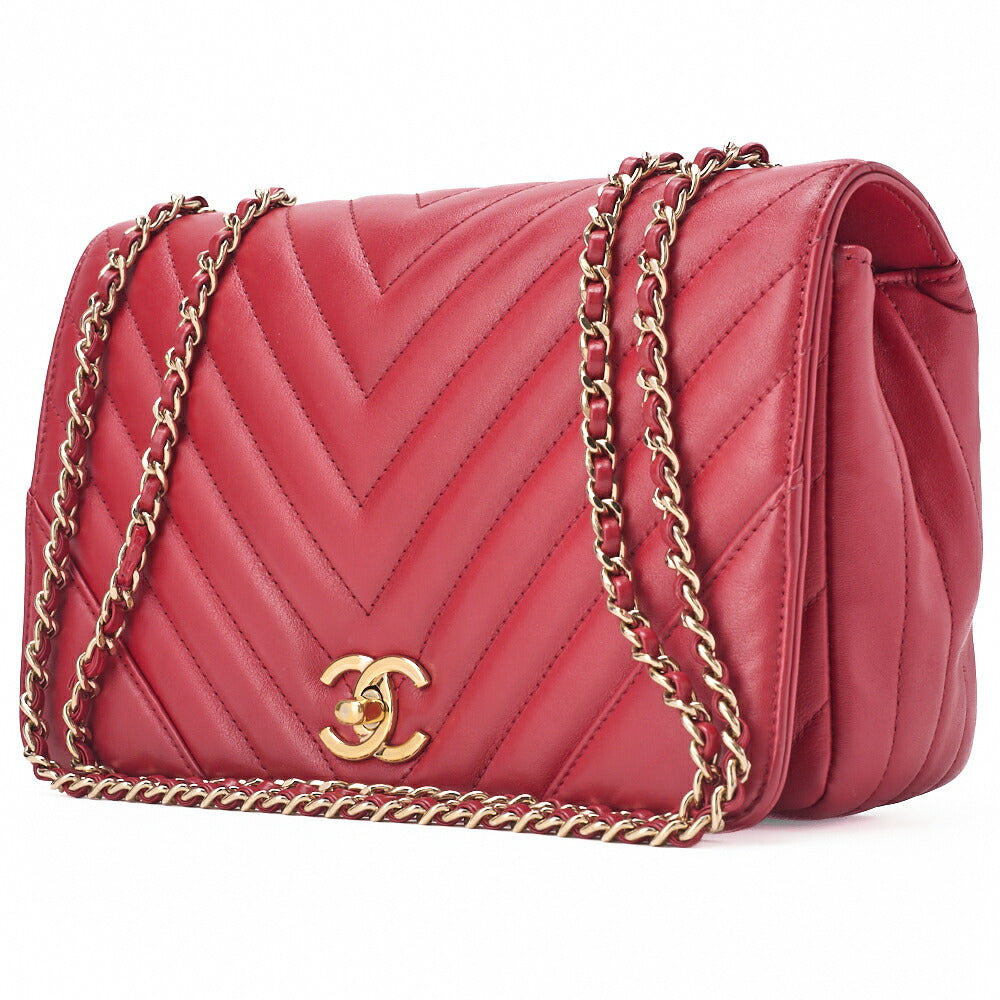 CHANEL Shoulder Bag Calfskin V-Stitch Red Cocomark Single Flap Gold-Tone Hardware, Pre-Owned